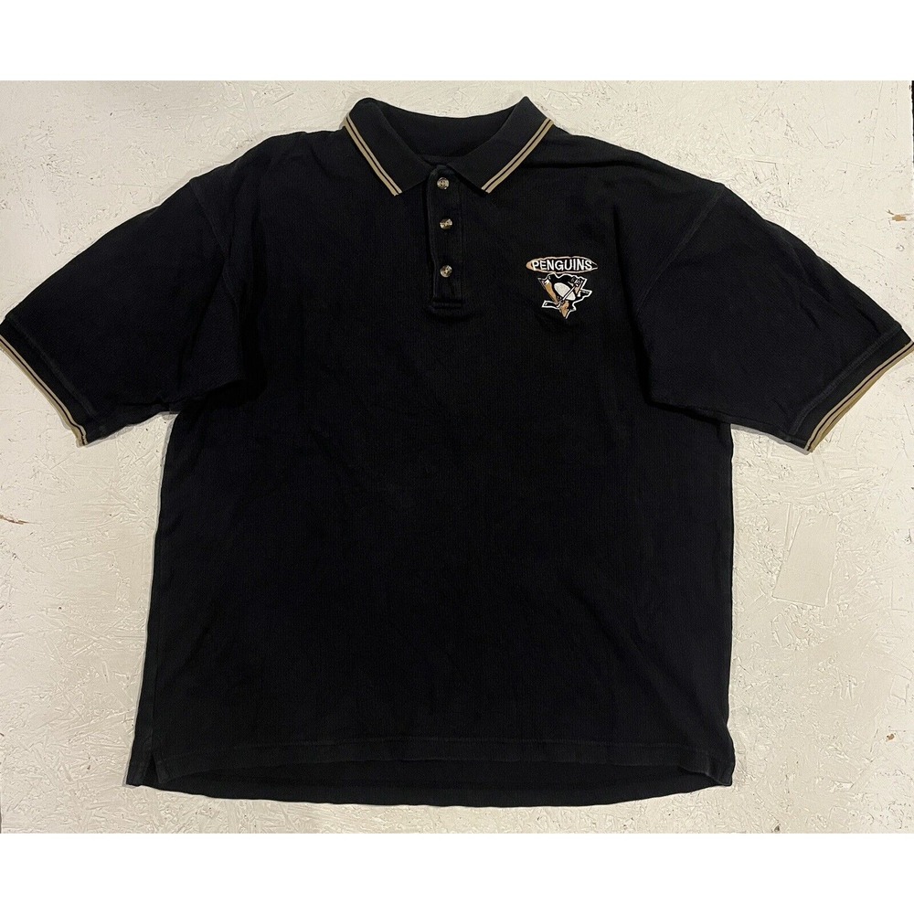 Vintage 90's Pittsburgh Penguins Polo Shirt Black Y2K Pro Edge‎ NHL Large L